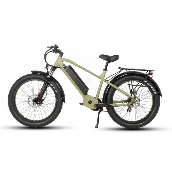 Olive-colored electric bicycle with fat tires and a rear cargo rack.